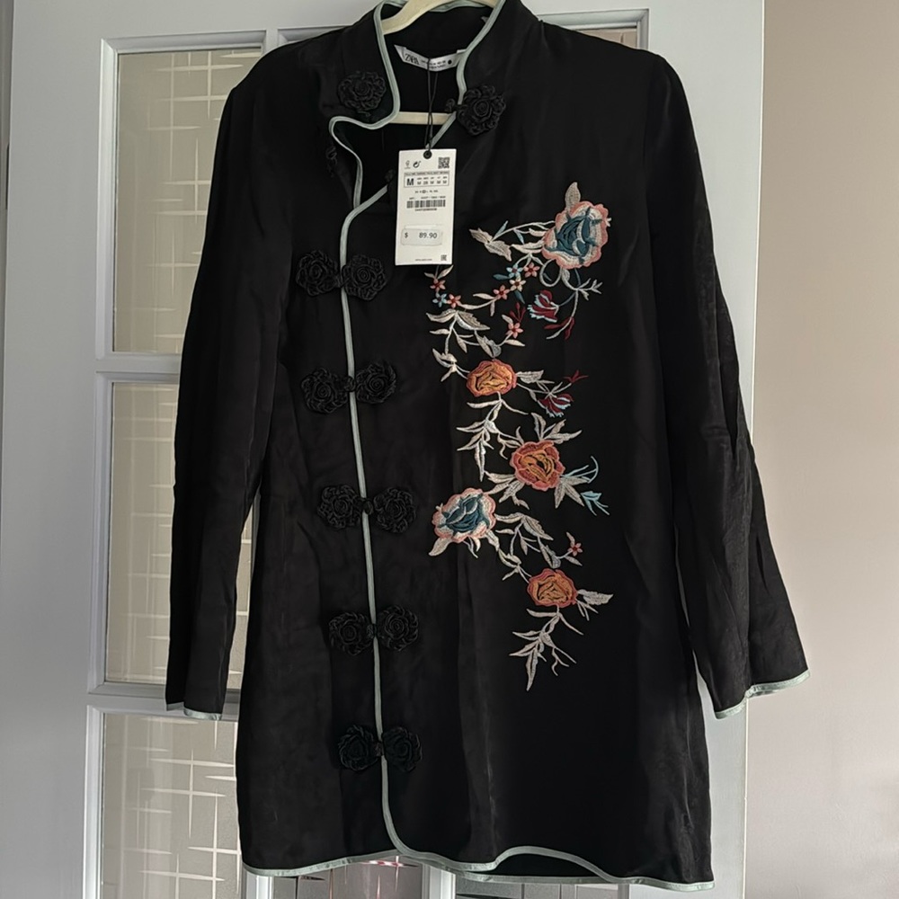 Zara Black Mini Dress with Multicolor Floral Embroidery